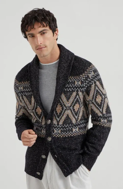 Brunello Cucinelli Geometric Jacquard Cardigan Sweaters And Cardigans Multicolor In Black