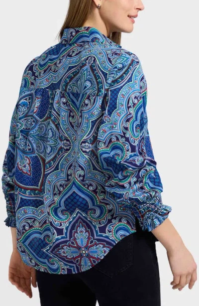 Foxcroft Olivia Printed Smocked Cuff Cotton Button-up Shirt