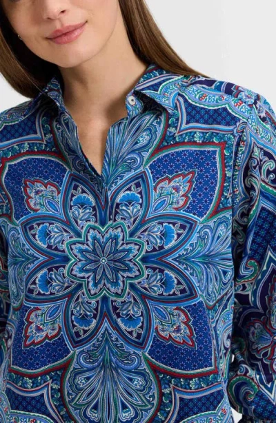 Foxcroft Olivia Printed Smocked Cuff Cotton Button-up Shirt