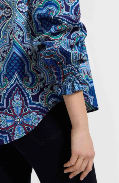 Foxcroft Olivia Printed Smocked Cuff Cotton Button-up Shirt
