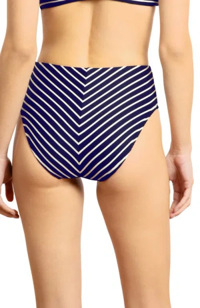 Robin Piccone Parker Stripe High Waist Rib Bikini Bottoms In Blue