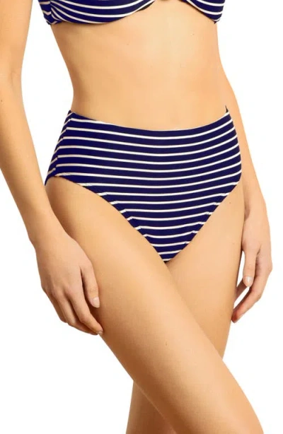 Robin Piccone Parker Stripe High Waist Rib Bikini Bottoms In Blue