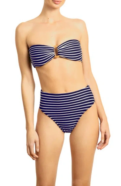 Robin Piccone Parker Stripe High Waist Rib Bikini Bottoms In Blue