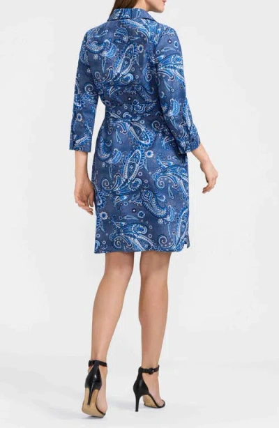 Foxcroft Rocca Paisley Print Belted Cotton Shirtdress In Blue