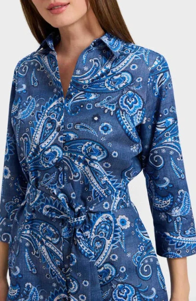 Foxcroft Rocca Paisley Print Belted Cotton Shirtdress In Blue