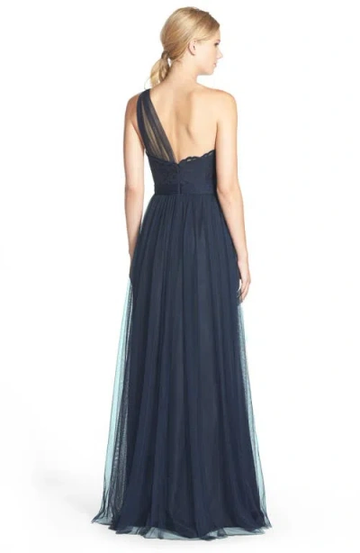 Amsale One-shoulder Lace & Tulle Gown In Black