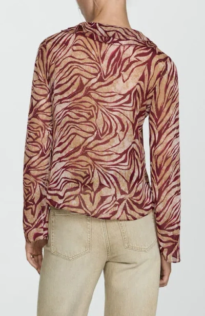 Mango Ruffles Print Top In Burgundy