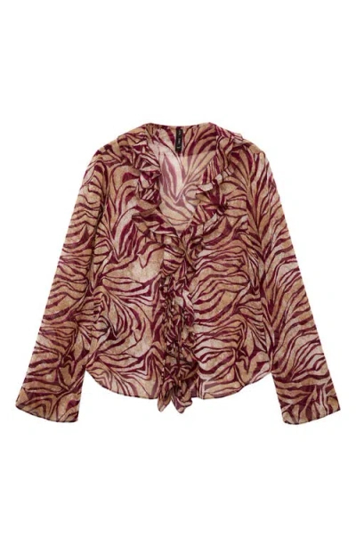 Mango Ruffles Print Top In Burgundy