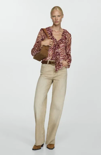 Mango Ruffles Print Top In Burgundy