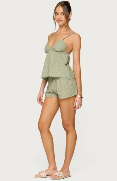 Edikted Talula Cotton Eyelet Tie Waist Shorts In Green