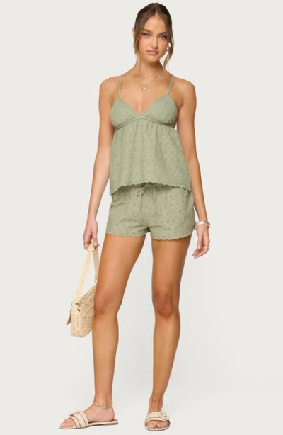 Edikted Talula Cotton Eyelet Tie Waist Shorts In Green