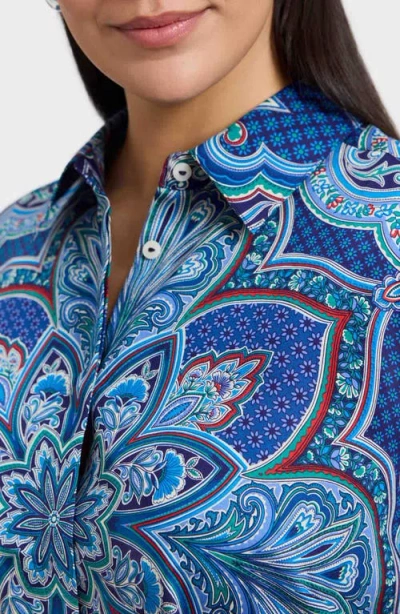Foxcroft Olivia Printed Smocked Cuff Cotton Button-up Shirt In Blue
