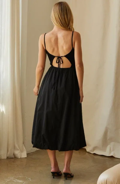 Crescent Mixed Media Bubble Skirt Midi Dress In Black