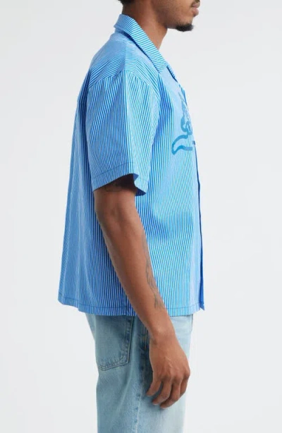 Icecream Decker Pinstripe Cotton Camp Shirt In Blue