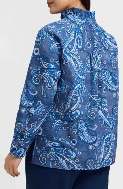 Foxcroft Sadie Paisley Ruffle Cotton Poplin Button-up Shirt In Blue