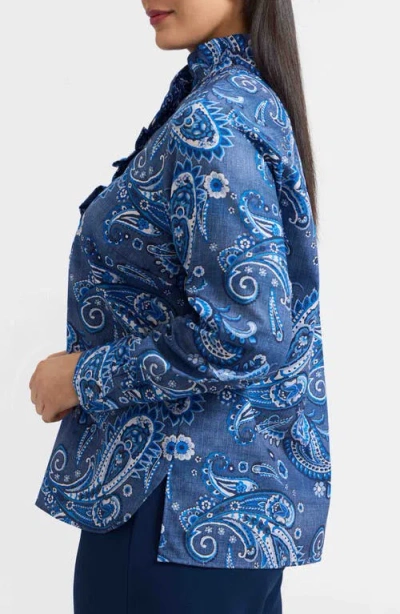 Foxcroft Sadie Paisley Ruffle Cotton Poplin Button-up Shirt In Blue