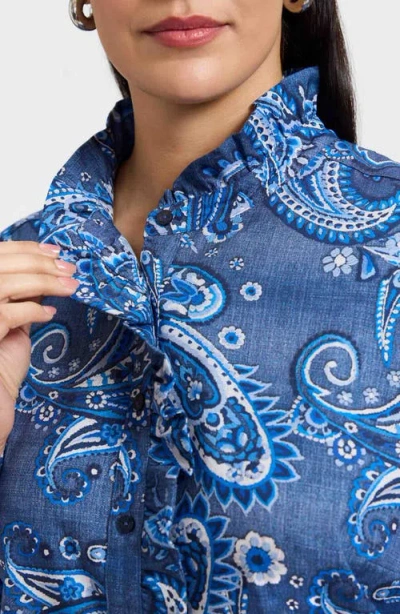 Foxcroft Sadie Paisley Ruffle Cotton Poplin Button-up Shirt In Blue