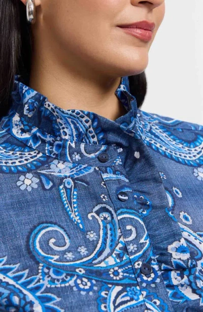 Foxcroft Sadie Paisley Ruffle Cotton Poplin Button-up Shirt In Blue