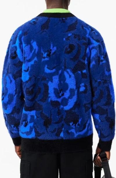 Lacoste Relaxed Fit Intarsia Floral Cardigan In Blue
