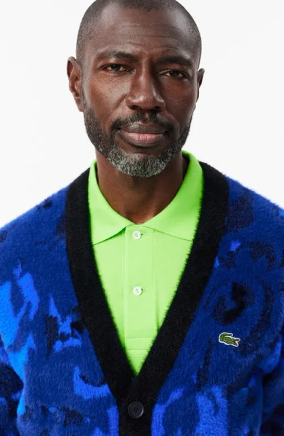 Lacoste Relaxed Fit Intarsia Floral Cardigan In Blue