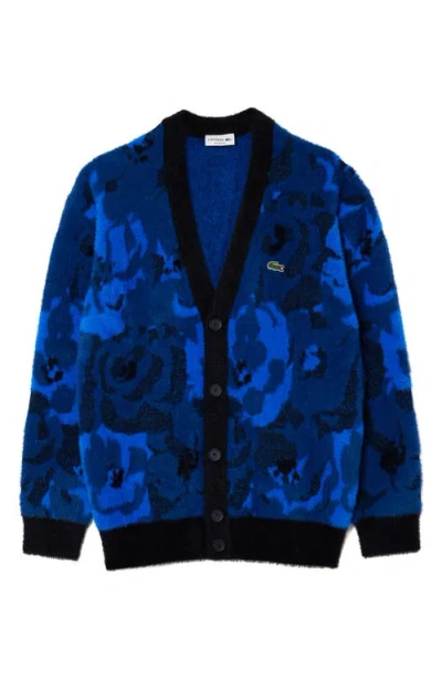 Lacoste Relaxed Fit Intarsia Floral Cardigan In Blue