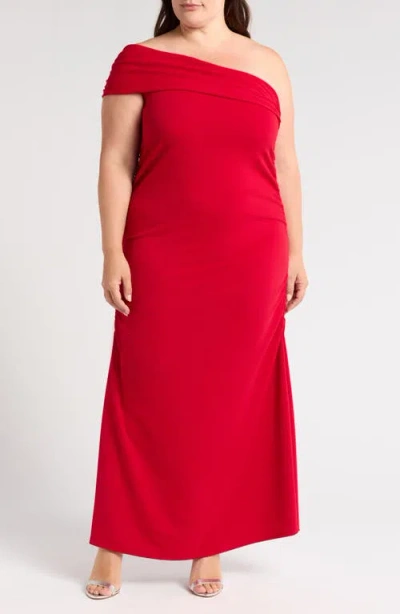 24seven Comfort Apparel Plus Size Formal One Shoulder Rouched Mermaid Maxi Dress In Red