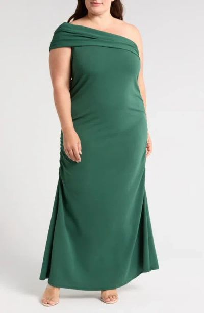 24seven Comfort Apparel Plus Size Formal One Shoulder Rouched Mermaid Maxi Dress In Green