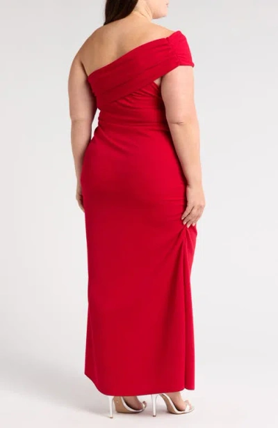 24seven Comfort Apparel Plus Size Formal One Shoulder Rouched Mermaid Maxi Dress In Red