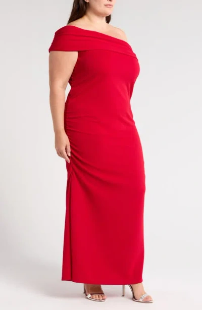 24seven Comfort Apparel Plus Size Formal One Shoulder Rouched Mermaid Maxi Dress In Red