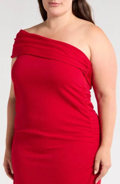 24seven Comfort Apparel Plus Size Formal One Shoulder Rouched Mermaid Maxi Dress In Red