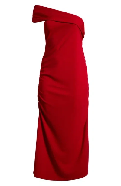 24seven Comfort Apparel Plus Size Formal One Shoulder Rouched Mermaid Maxi Dress In Red