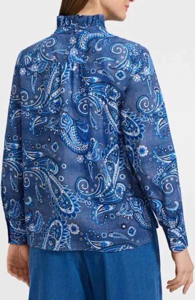 Foxcroft Sadie Paisley Ruffle Cotton Poplin Button-up Shirt In Blue
