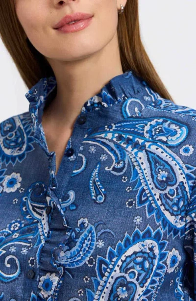 Foxcroft Sadie Paisley Ruffle Cotton Poplin Button-up Shirt In Blue