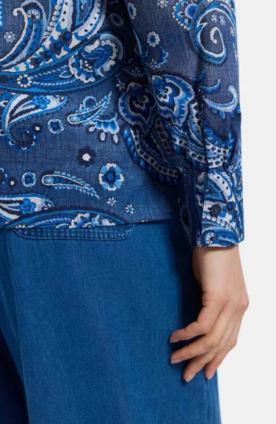 Foxcroft Sadie Paisley Ruffle Cotton Poplin Button-up Shirt In Blue