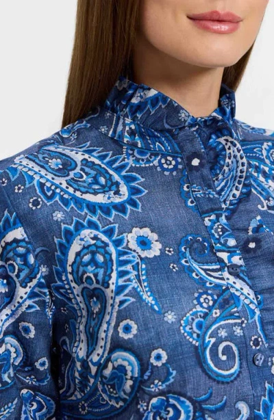 Foxcroft Sadie Paisley Ruffle Cotton Poplin Button-up Shirt In Blue