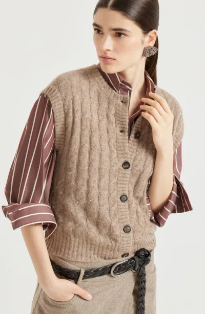 Brunello Cucinelli Dazzling Cable Cardigan In Brown