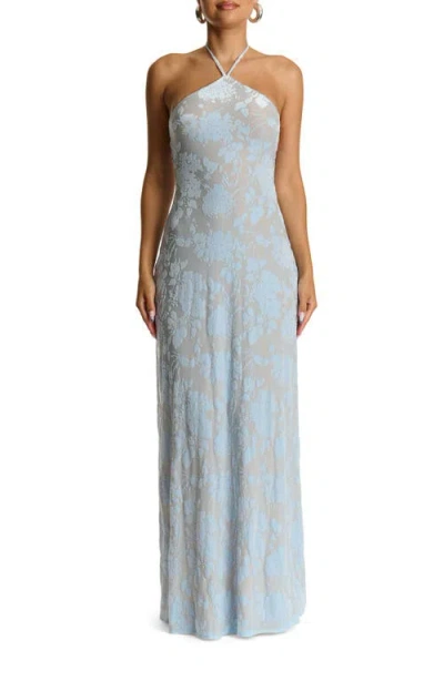 Naked Wardrobe Burnout Halter Maxi Cocktail Dress In Blue