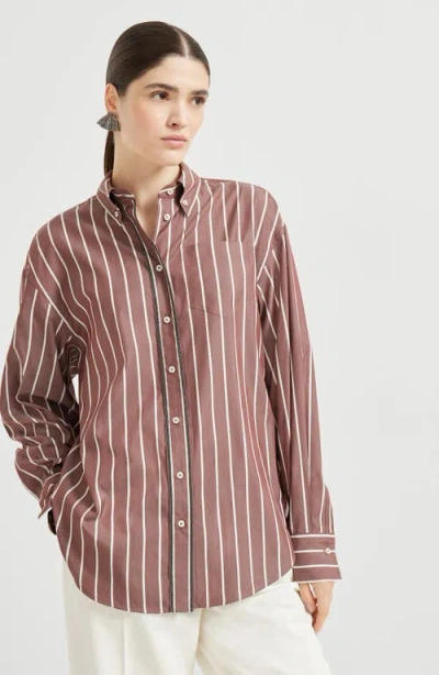Brunello Cucinelli Striped Cotton-blend Poplin Shirt In Brown