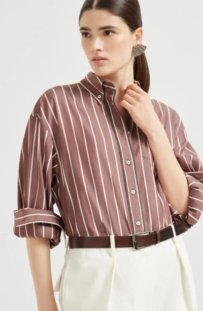 Brunello Cucinelli Striped Cotton-blend Poplin Shirt In Brown