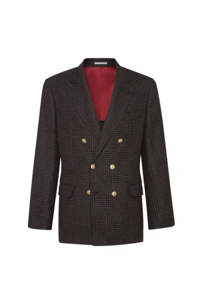 Brunello Cucinelli Prince Of Wales One-and-a-half Breasted Blazer With Metal Buttons In Brown