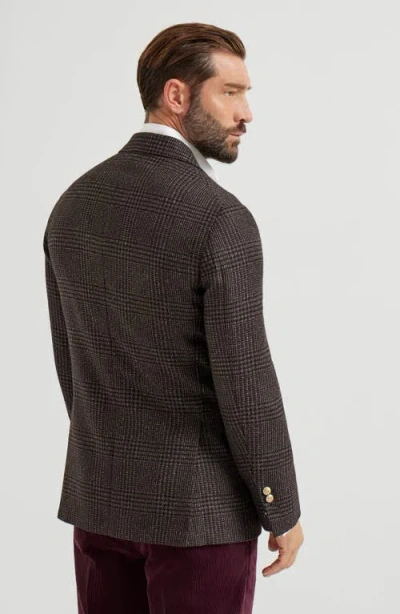 Brunello Cucinelli Prince Of Wales One-and-a-half Breasted Blazer With Metal Buttons In Brown