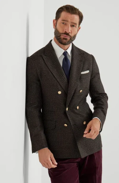 Brunello Cucinelli Prince Of Wales One-and-a-half Breasted Blazer With Metal Buttons In Brown