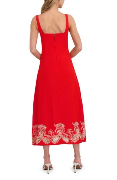 Ted Baker Square Neck Embroidery Detail Midi Dress In Red