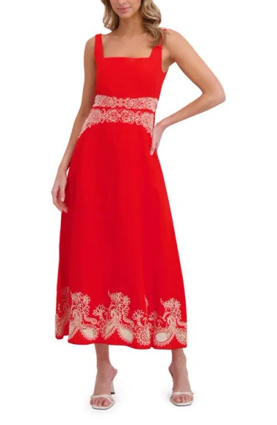 Ted Baker Square Neck Embroidery Detail Midi Dress In Red
