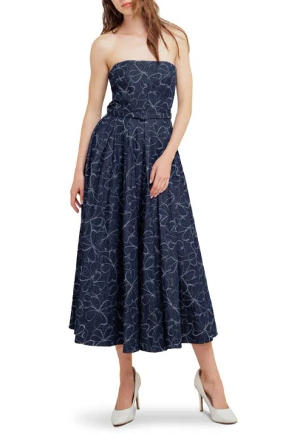 Freemarket Printed Strapless Belted Denim Midi Dress