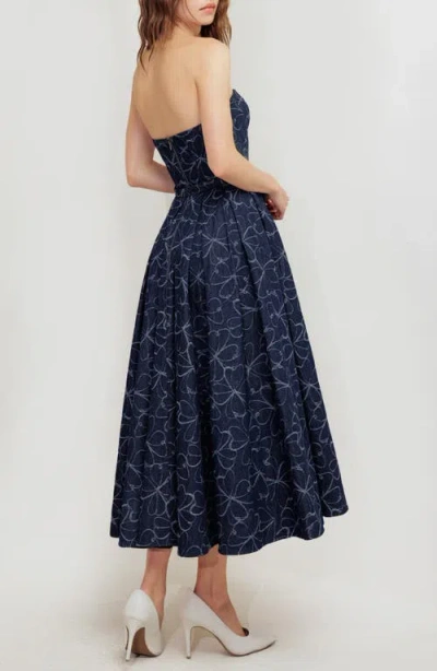 Freemarket Printed Strapless Belted Denim Midi Dress