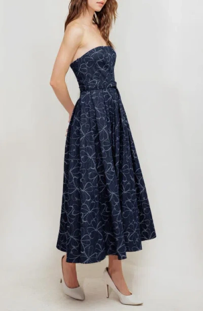 Freemarket Printed Strapless Belted Denim Midi Dress