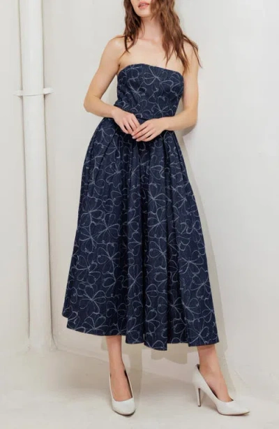 Freemarket Printed Strapless Belted Denim Midi Dress