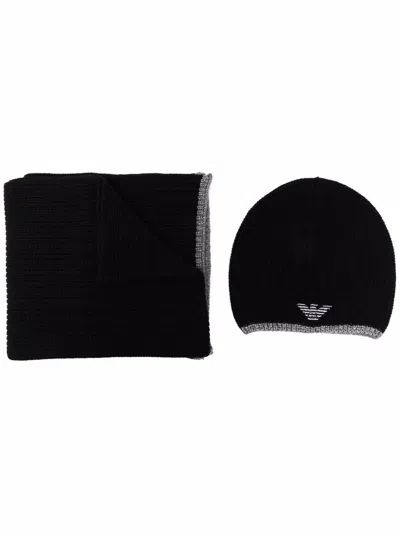 Emporio Armani Ribbed Knit Scarf And Beanie Set In Black