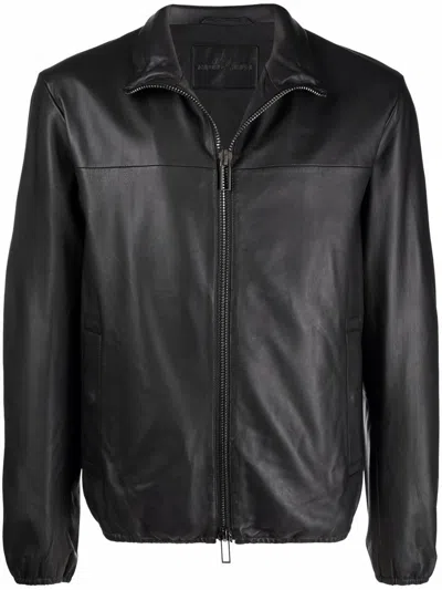 Emporio Armani Leather Jacket With Stand-up Collar In Black